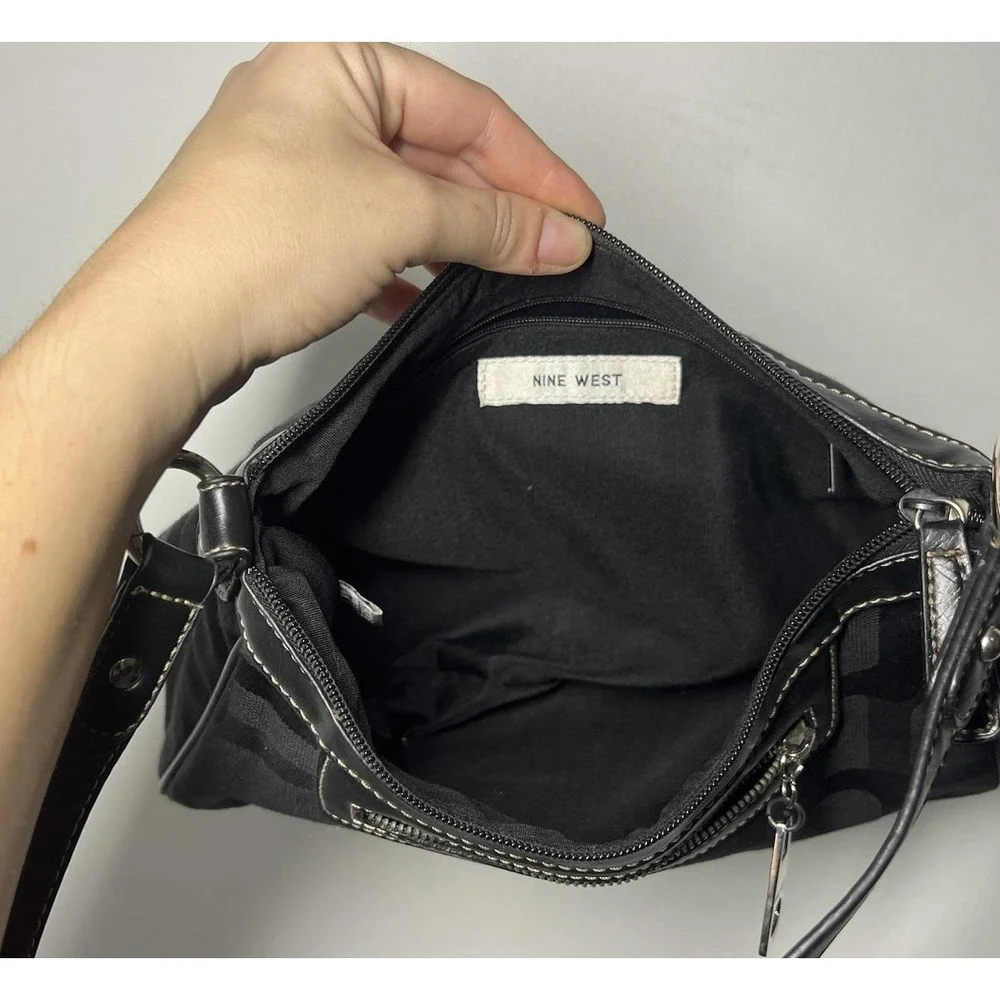 Y2K Nine West Black Canvas Shoulder Bag Purse Zip Top w/Silver Hardware 12x4x4